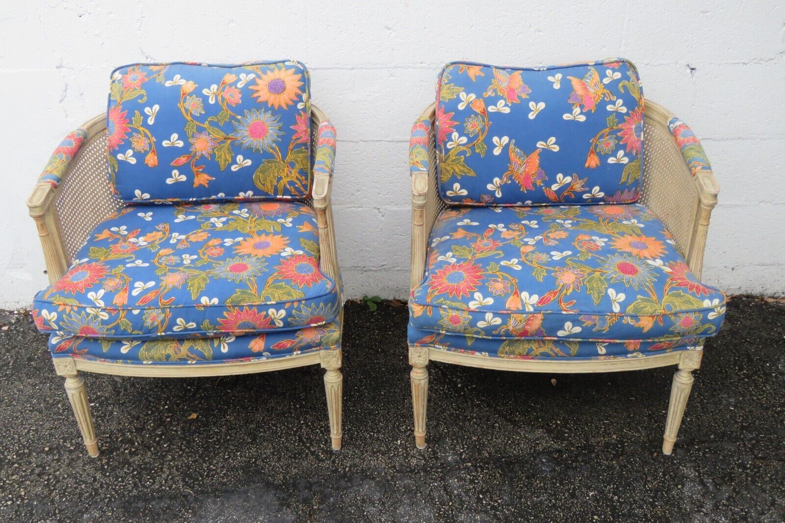 French Shabby Chic Distressed Painted Caned Side Fireplace Chairs A Pair 4944