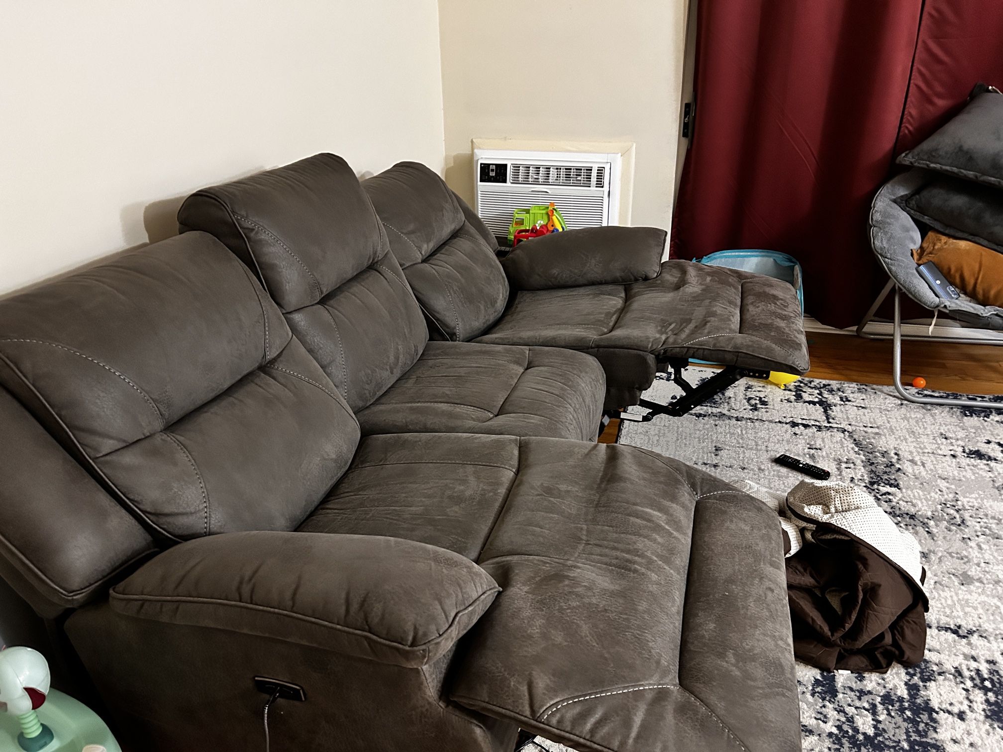 Bobs Furniture-Grey Three Seater Electric Recliner Coach