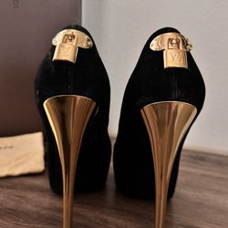 Louis Vuitton  Black Suede Gold Lock Platform Peep Toe Size 8.5