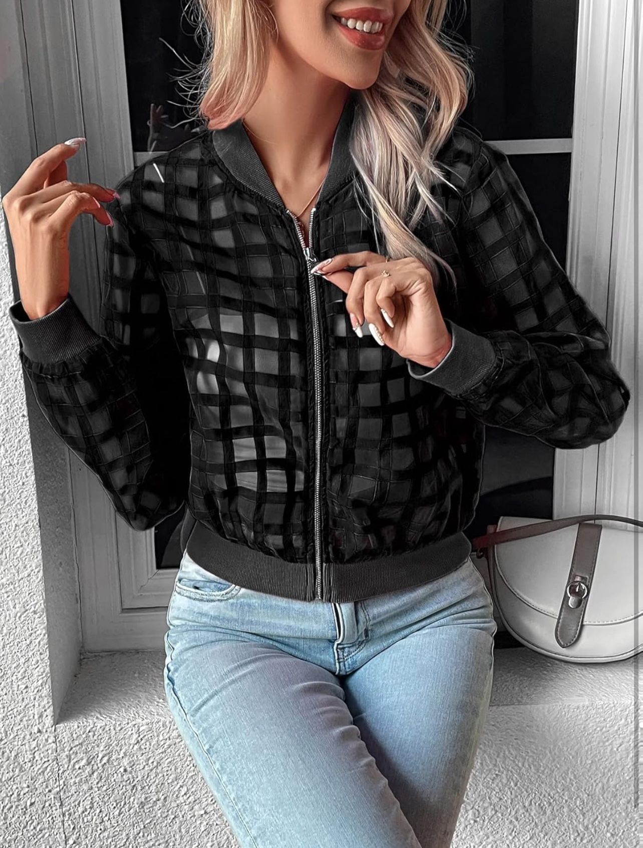 XS Hollow Out Long Sleeve Baseball Collar Zip Up Bomber Jacket