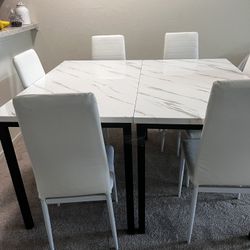 Faux marble Dining Table With 6 White Chairs