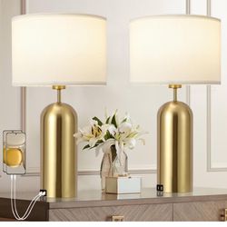 Gold Lamps Set of 2 Touch Control 3-Way Dimmable Bedside Nightstand Lamps Bedroom Lamps Modern White& Gold Table Lamp with USB Type C Ports Tall Lamps