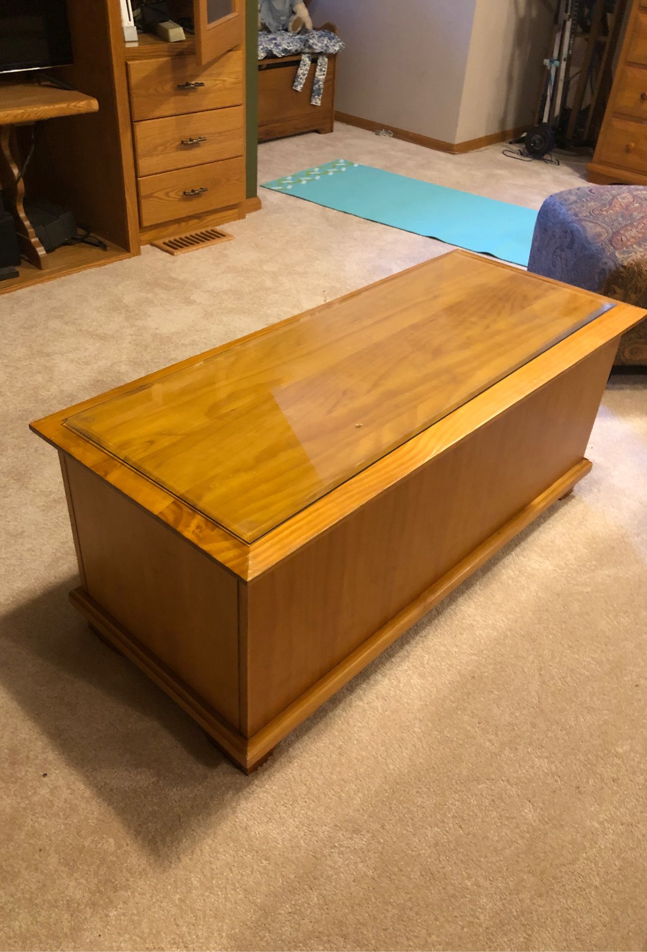 Pine chest/ coffee table with storage, beveled glass protector