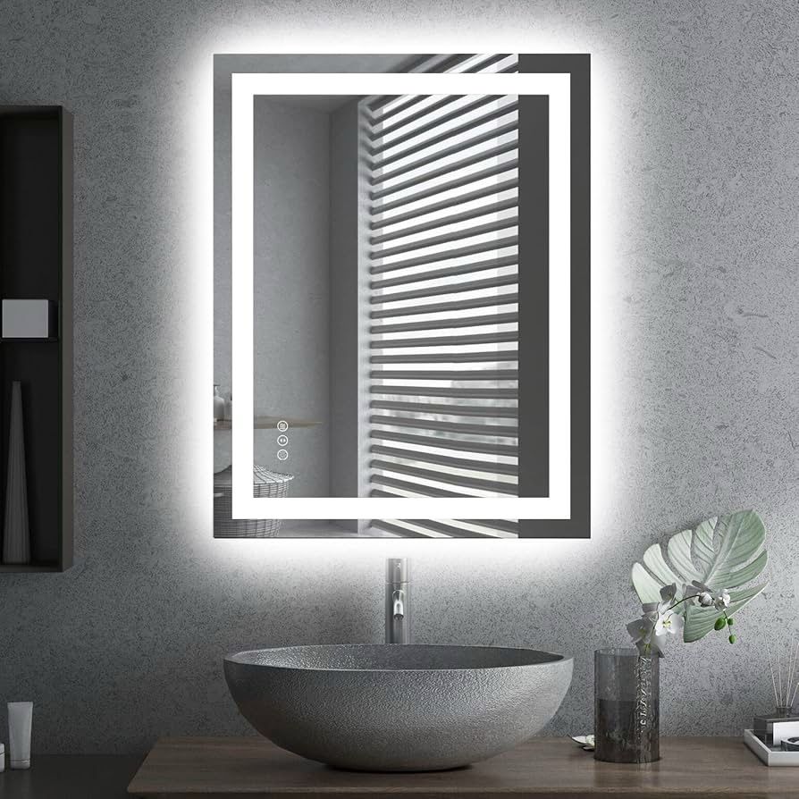 LED Bathroom Mirror 28"x 36" with Front and Backlight, Stepless Dimmable Wall Mirrors with Anti-Fog, Shatter-Proof, Memory, 3 Colors, Double LED Vanit