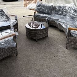 8 Piece Outdoor Patio Furniture Set, Half-Moon Curved Sectional Sofa Rattan Conversation Set with Wood Armrests, Coffee Table & Side Table,Grey