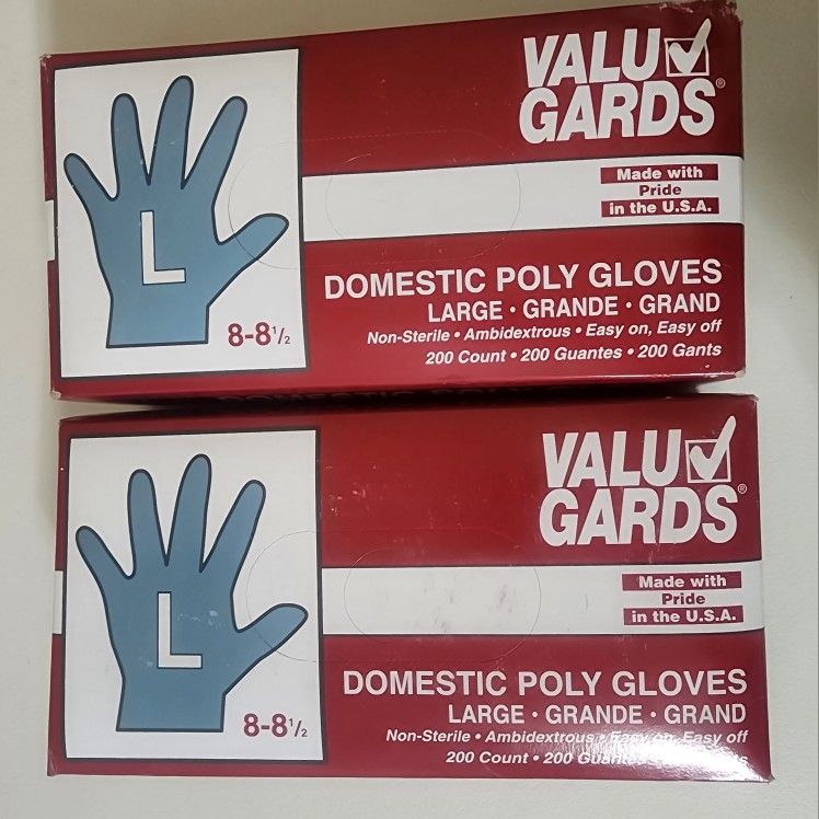 Lot of 2 x 200 ValuGards Disposable Poly Gloves Large Powder Free Food Service