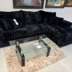 BLACK OVERSIZED PLUSH CORDUROY FABRIC SECTIONAL COUCH SET  