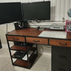 Desk With Dual HDMI Monitors, Drawers & Filing Cabinet - Cash And Pick Up Asap!
