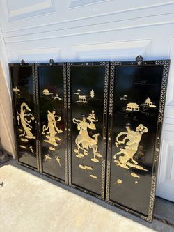 Set of 4 Black Lacquer Asian Wall Panels