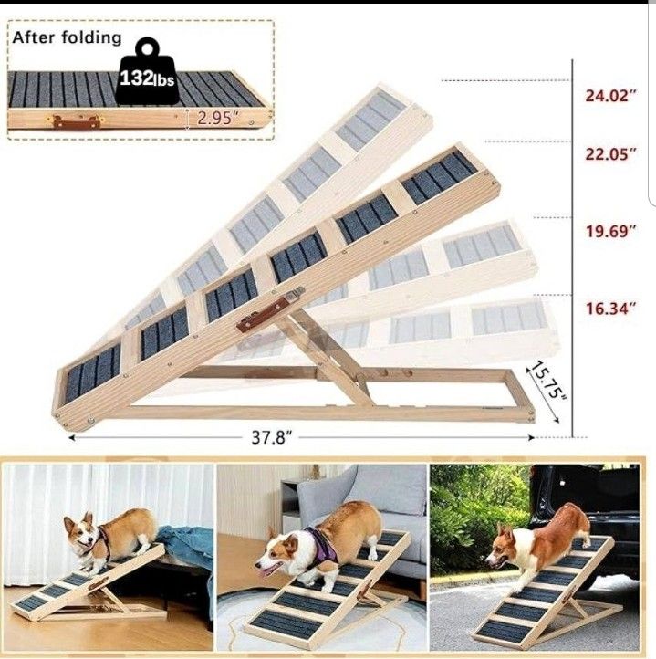 Pet Ramp for Bed, 37.8" L Wooden Folding Pet Ramp,4 Height Adjustable from 16" to 24"