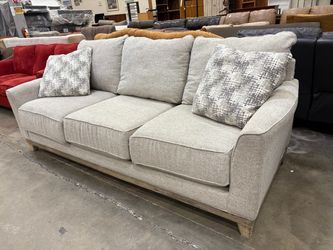 Heathered Light Grey 3 Seat Sofa with Rustic Wooden Base and Curved Arms
