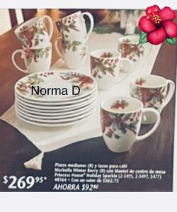 Vajilla de 16 piezas 8 tazas y 8 platos medianos winter Berry nuevos en sus caja 🌺 princesa house 🌺