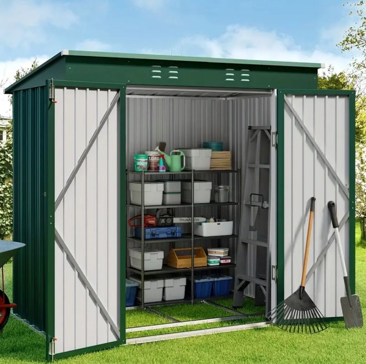 New Large 6x4ft Metal Outdoor Storage Shed—-green