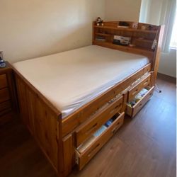 Solid Wood Full Storage Bed w/ Drawers + Bookcase Headboard 