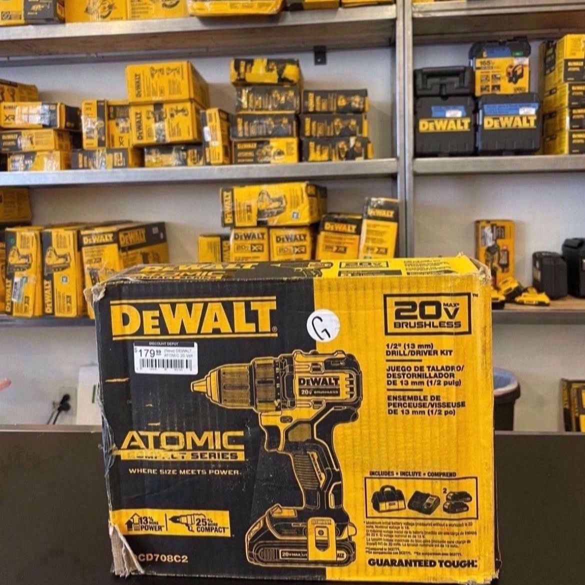 DEWALT Atomic 20-Volt MAX Cordless Brushless Compact 1/2 in. Hammer Drill, (2) 20-Volt 1.3Ah Batteries, Charger & Bag DCD708C2