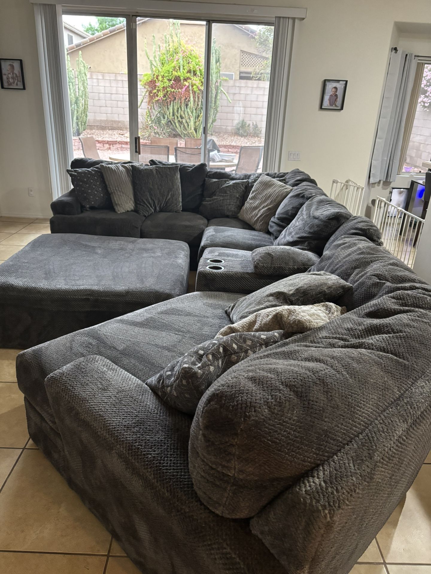 Large Sectional Couch With Piano Wedge, Cup Holders And Oversized Ottoman