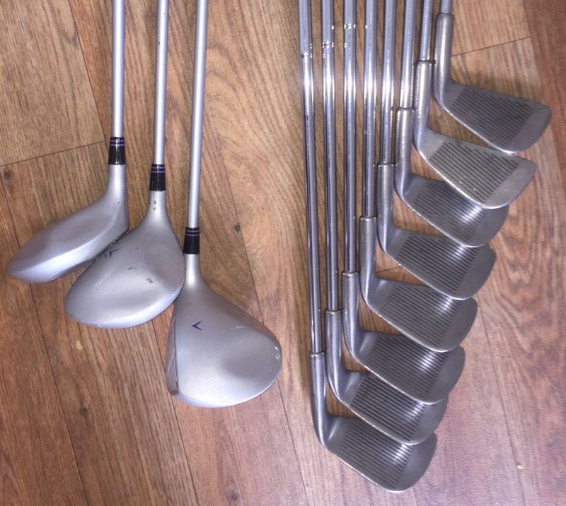 Woman's (ladies) left handed set of golf clubs. Acclaim PGF driver and 3 & 5 woods and Pro Player Tru-Form Irons (3 iron - pitching wedge)