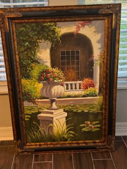 Framed Garden Courtyard Oil Painting