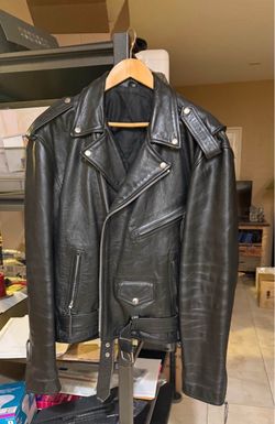 Heavy Genuine Black Leather Biker Motorcycle Jacket – Size 48 – Belted