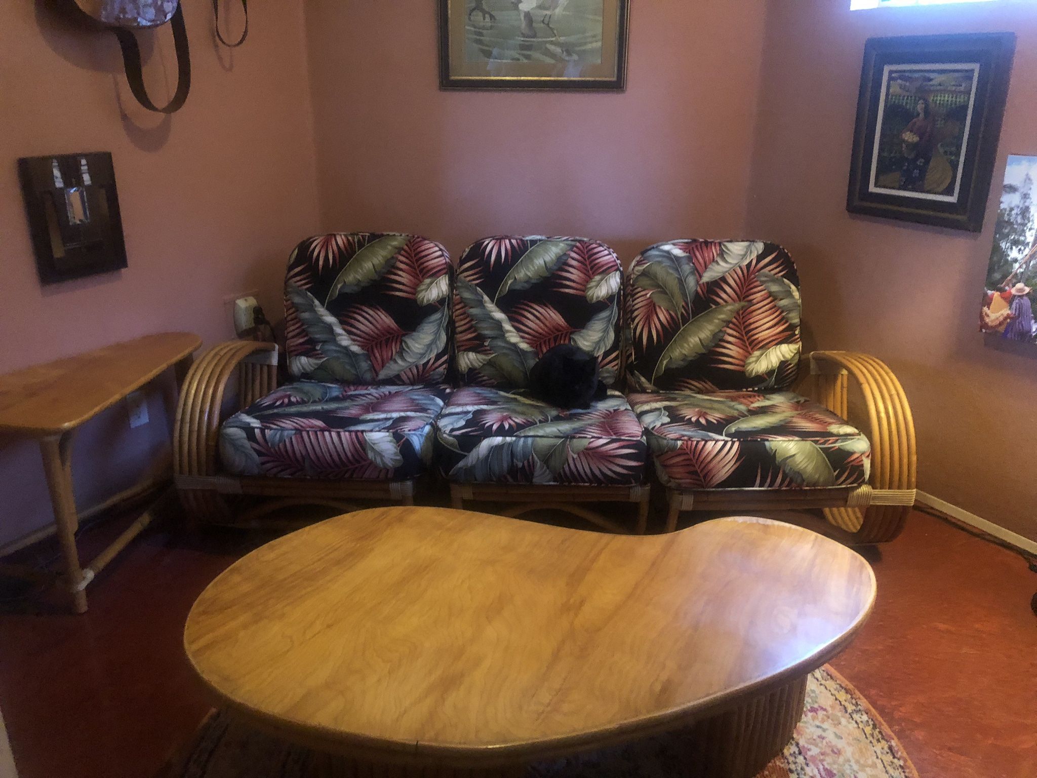Vintage five strand rattan three piece set. Three Piece Couch, Angled End Table, Coffee Table.