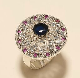 Size 7 tanzanite, ruby and topaz in solid sterling silver ring