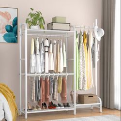 White Metal Freestanding Clothing Rack with Shelves