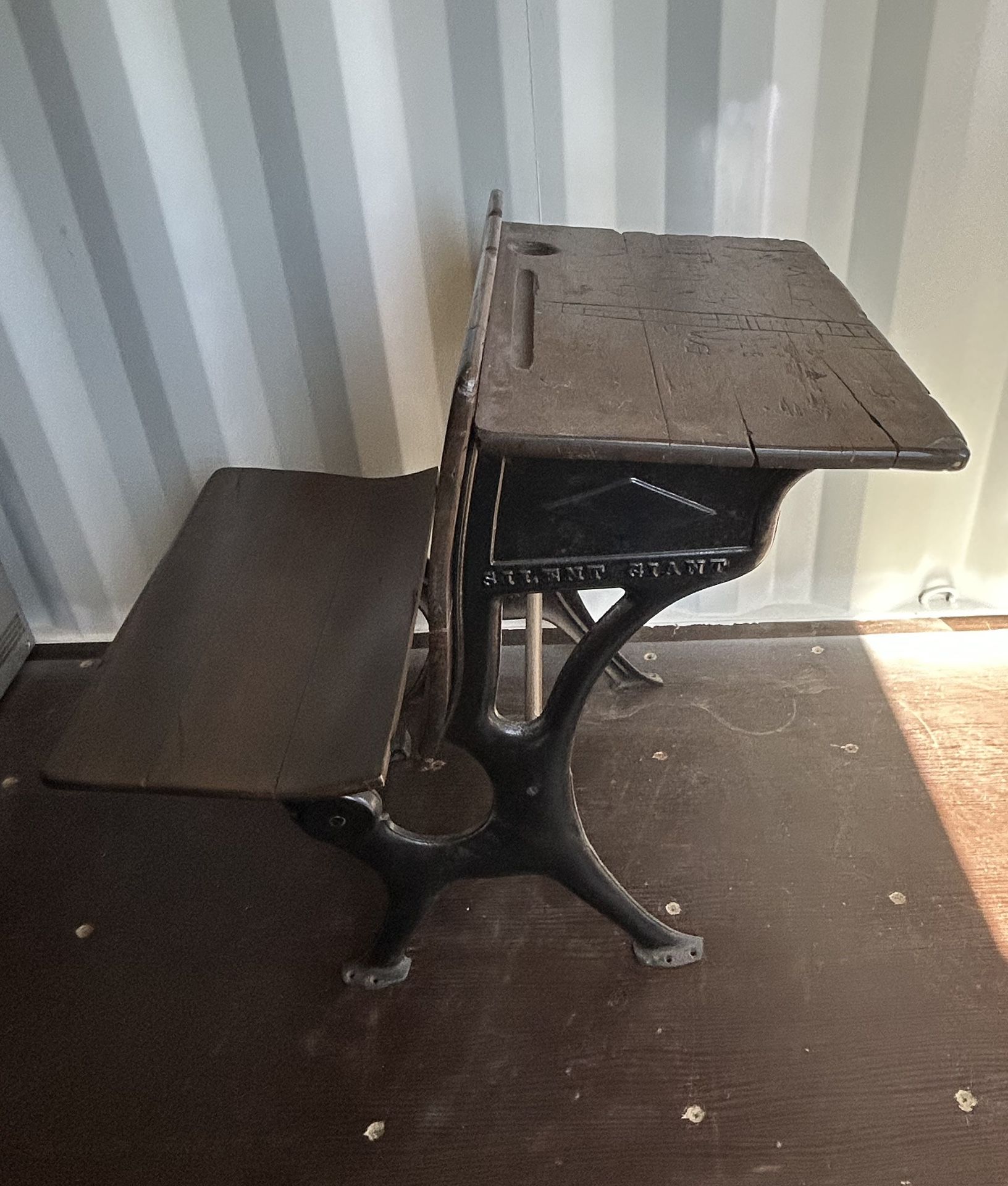 Antique Silent Giant Industrial Child School Desk Folding Chair. Made Of Cast Iron & Wood