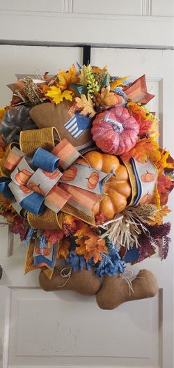 Gnome orange and blue pumpkin fall wreath