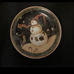 Vintage Decorative Christmas Snowman Plate With Candy Canes Ginger Bread Night Sky Stars