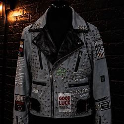 Grey Studded Punk Biker Jacket