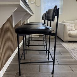 Set Of 3 Leather Barstools Black 