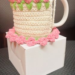 Pink Tulip Mug Cozy With Coaster + Mug 