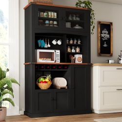 71" Tall Kitchen Pantry Storage Cabinet with Microwave Stand and Wine Rack, Farmhouse Kitchen Hutch with Adjustable Shelves and Glass Door, Coffee Bar