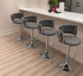 Velvet Bar Stools Set of 4, Modern Swivel Barstools with Woven Backrest, Adjustable Counter Stools for Kitchen Island, Dining Room, Cafe, Pub (Grey)