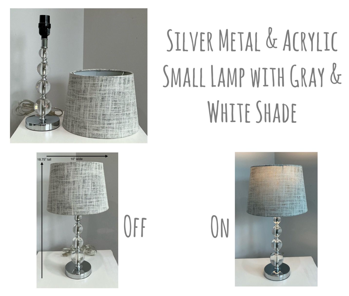 Silver Metal & Acrylic Small Lamp with Gray & White Shade