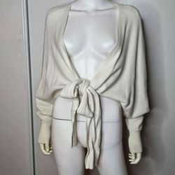 Casual Long Sleeve Cream Tie-Front Women’s Sweater 60% Cotton Size Small