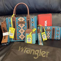 Wrangler Southwestern Aztec Print Canvas Tote Crossbody  Bag (turquoise)  And  wallet/wristlet