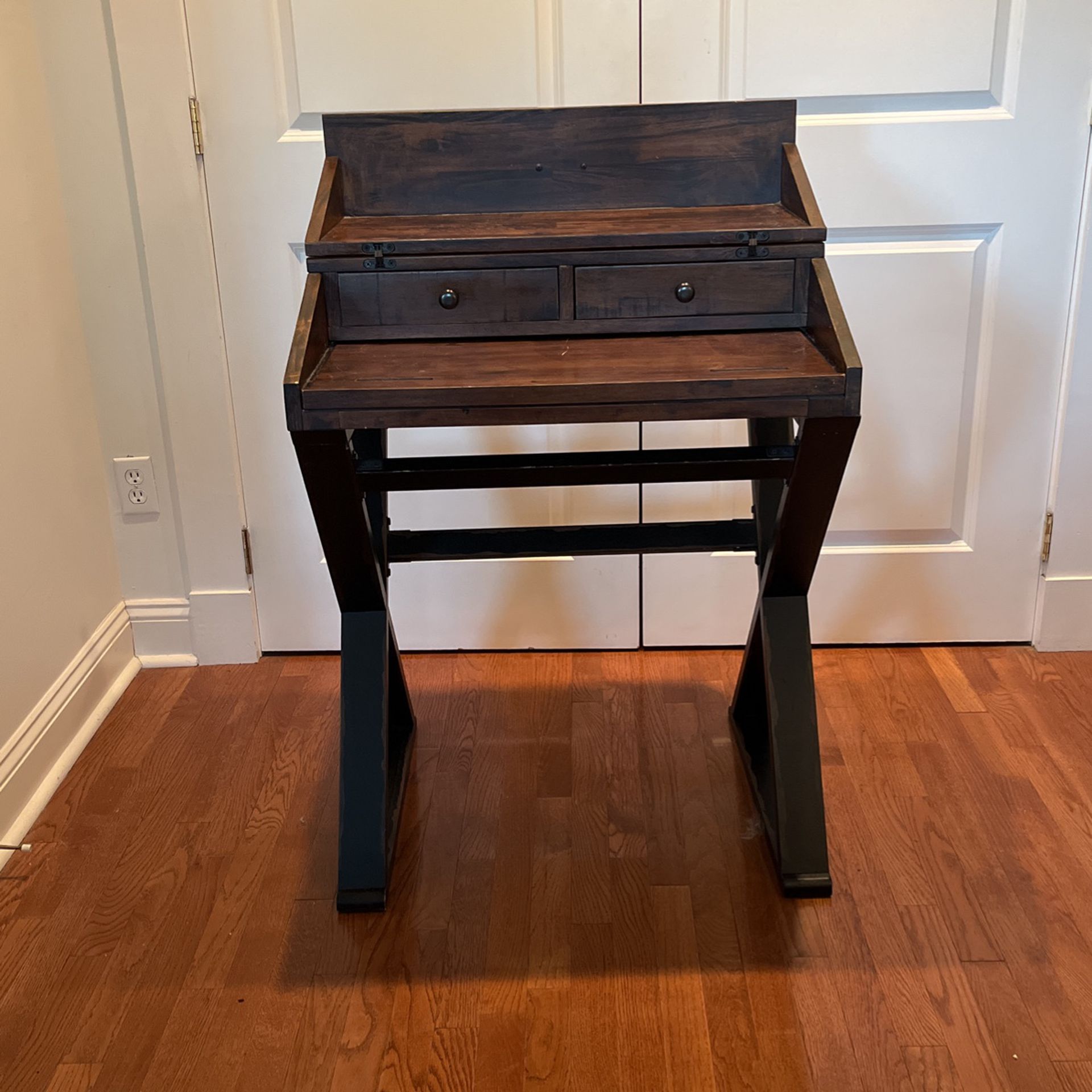 World Market Compact Desk - Distressed Antique Cognac and Black Wood 