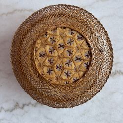 Vintage Hand-woven Split Bamboo Basket Floral Geometric 11.5" Boho Décor MCM