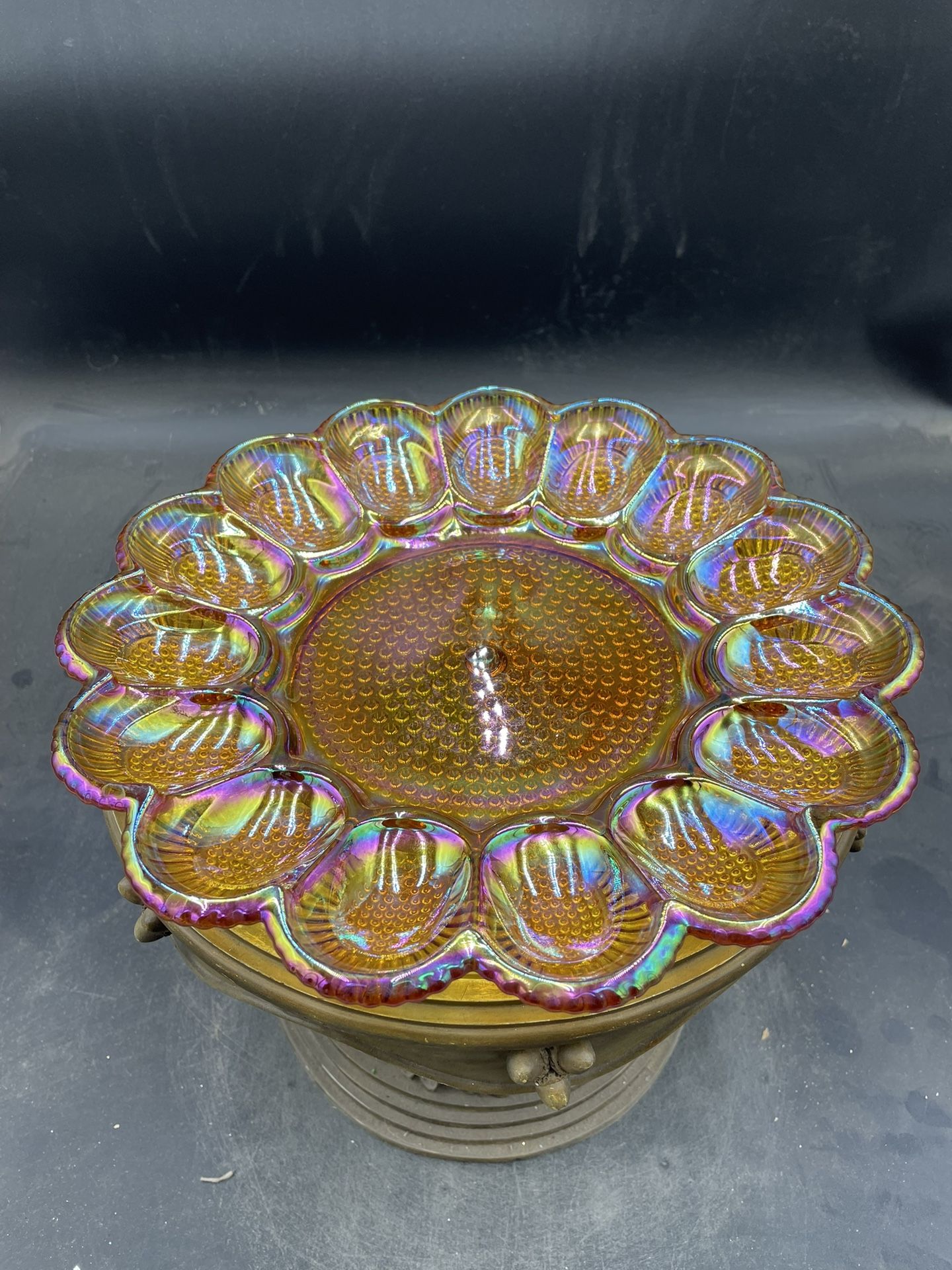 Vintage Indiana Glass Hobnail Carnival Glass 11” Deviled Egg Plate 15 Egg VG