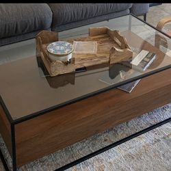 Coffee Table- Glass Top + Wood Shelf & 2 Drawers