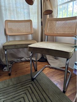 Pair of Cane Back Velvet Upholstered Dining Chairs