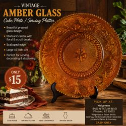 Large Vintage Amber Glass Cake Plate – 16" Decorative Serving Platter