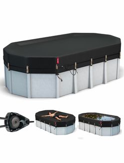 New! 12x18 Ft Oval Pool Cover for Steel Wall Pool,[Ultimate Windproof & Tear-Resistant Fabric],Snug Fit with Patented Ratchet & Weight Rings, Blocks L