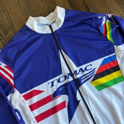 PLANET X TOMAC Cycling Jersey Long Sleeve Blue White USA Rainbow Retro Vtg Style