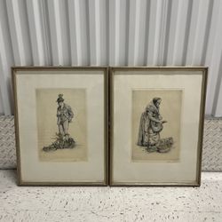 2x Paul Geissler Etchings Vegetable Man & Woman - Signed, Vintage 