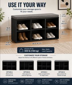 Shoe bench with adjustable shelves . black/ gray.   300 lbs capacity