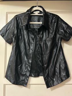 Black Leather Short Sleeve Button up Top Small