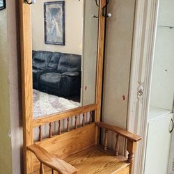 Oak panel hall seat,  mirror, coat hanger, storage
