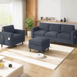L Shaped Couch, Modern Convertible Sectional Sofa with Movable Storage Ottoman, Linen 3 Seat Sectional Couch for Living Room, Apartment and Sm
